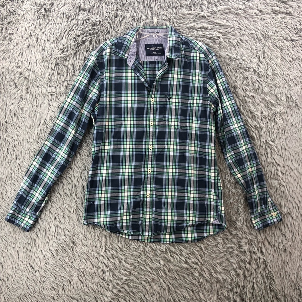 American Eagle Outfitters Shirt Medium Athletic Fit Button Up Plaid Blue Green